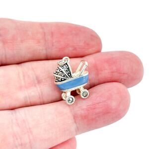 Vintage Sterling Silver Blue Enamel Marcasite Baby Boy Carriage Charm Pendant